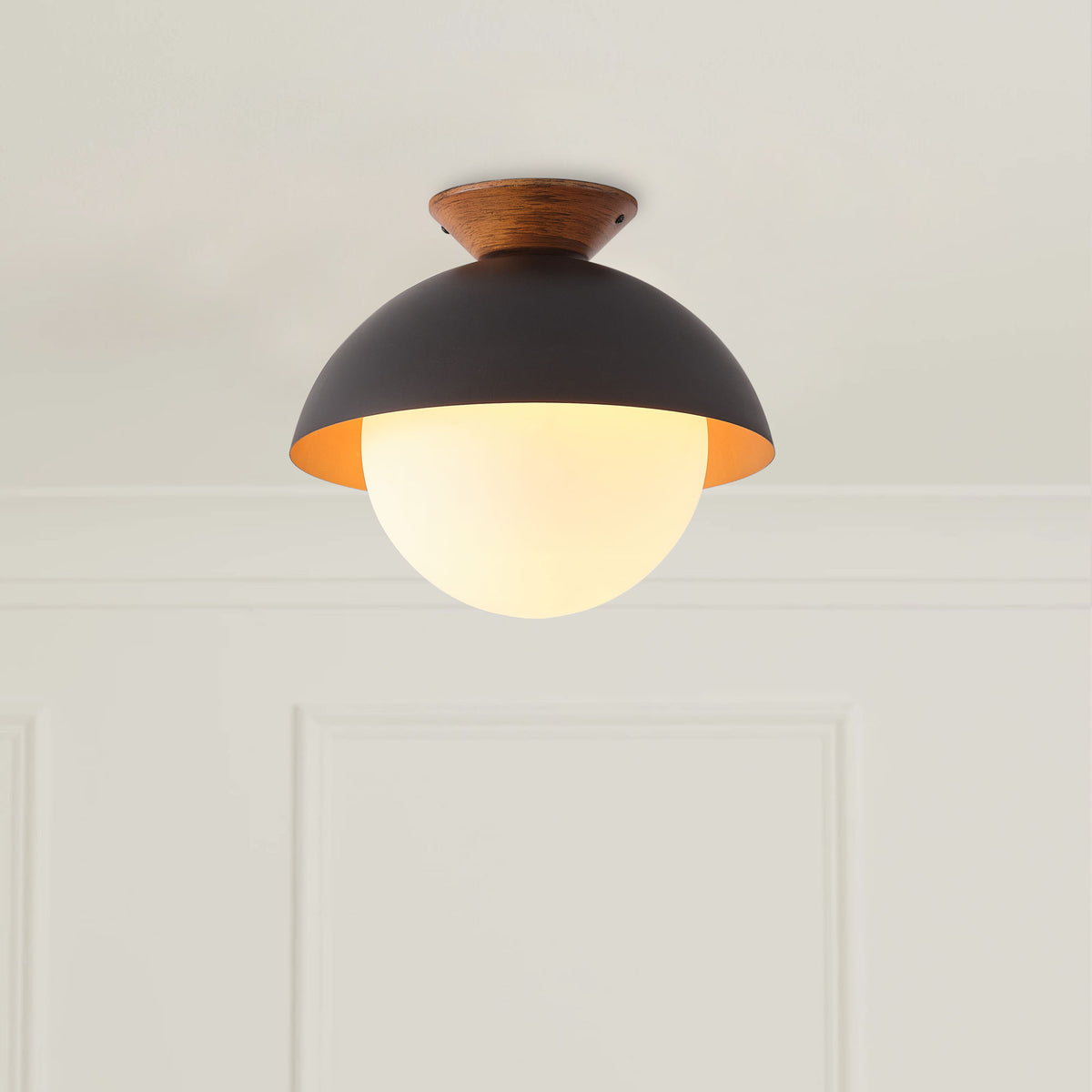 13.5 in. 1-Light Wood Gold Leaf Dome Semi-Flush Mount Light with Opal Glass Globe - 13.5 in. W x 11.4 in. H - Gold Leaf/White