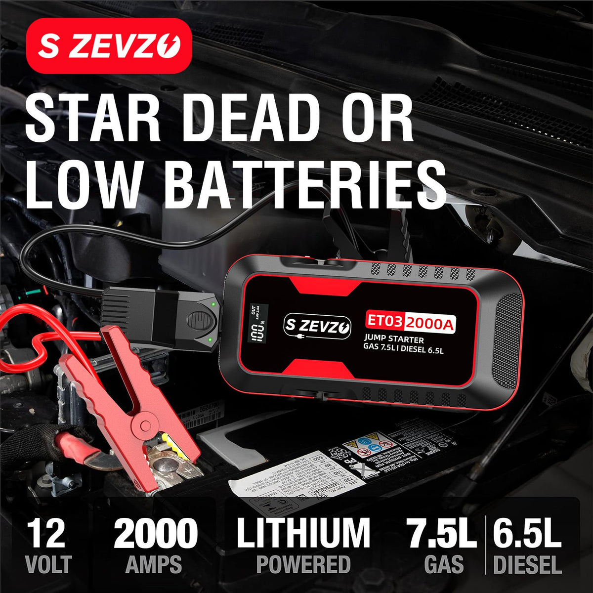 S ZEVZO Car Jump Starter 2000A Jump Starter Battery Pack for Up to 7.5L Gas and 6.5L Diesel Engines, 59.2Wh Portable 12V Jump Box with USB Ports, LCD Display, Storage Case, and LED Light