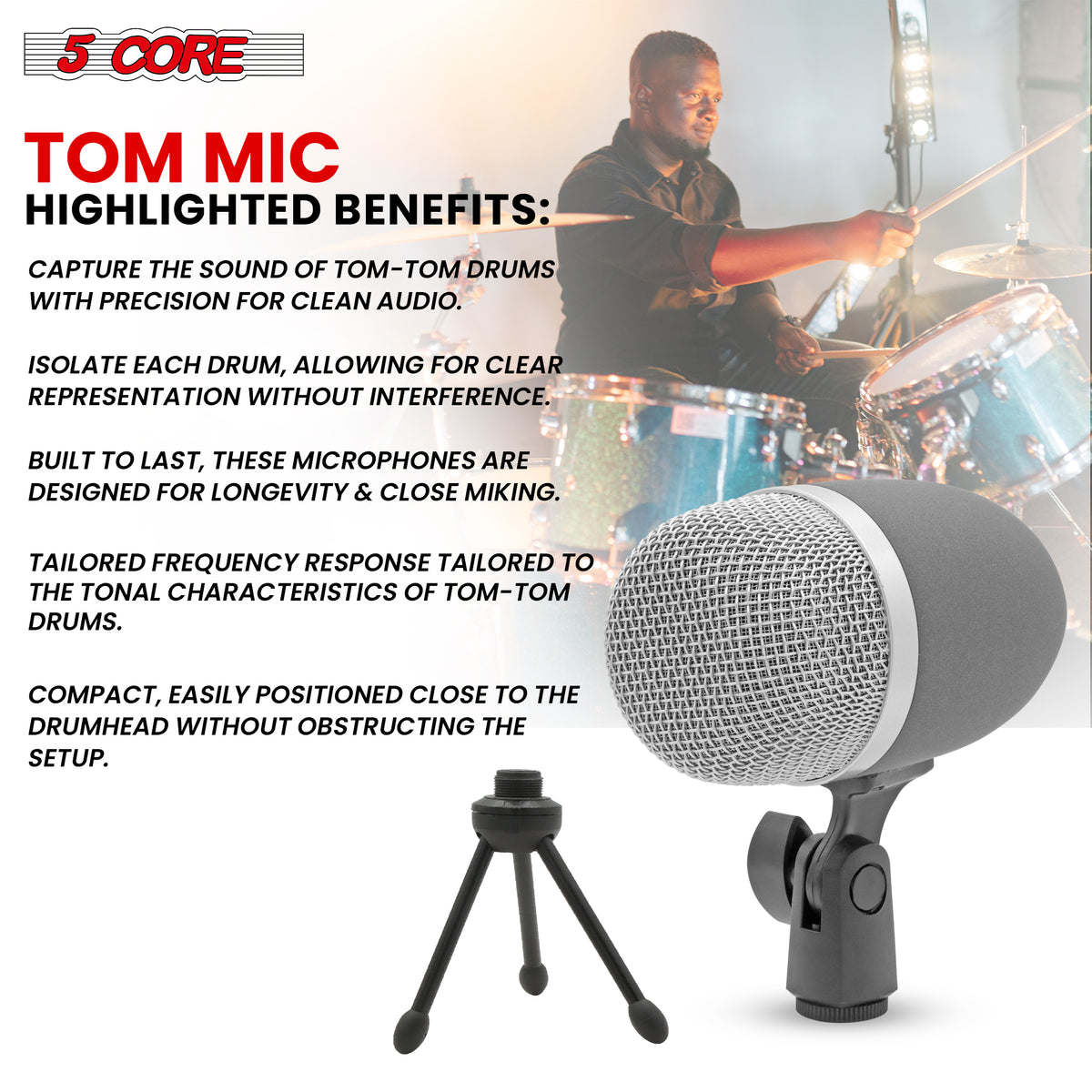 Tom Mic 1Piece Wired Cardioid Bass Drum Microphone Kit High SPL Instrument Microfono w XLR Connection- 5 Core Tom XP