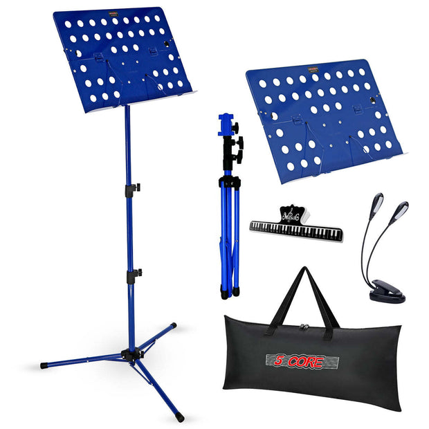 5 Core Music Stand For Sheet Music Height Adjustable Portable Folding Atril Para Partituras w Light Clip for Guitar Players Violinists Cellists Pianists - MUS FLD HD ACC BLU