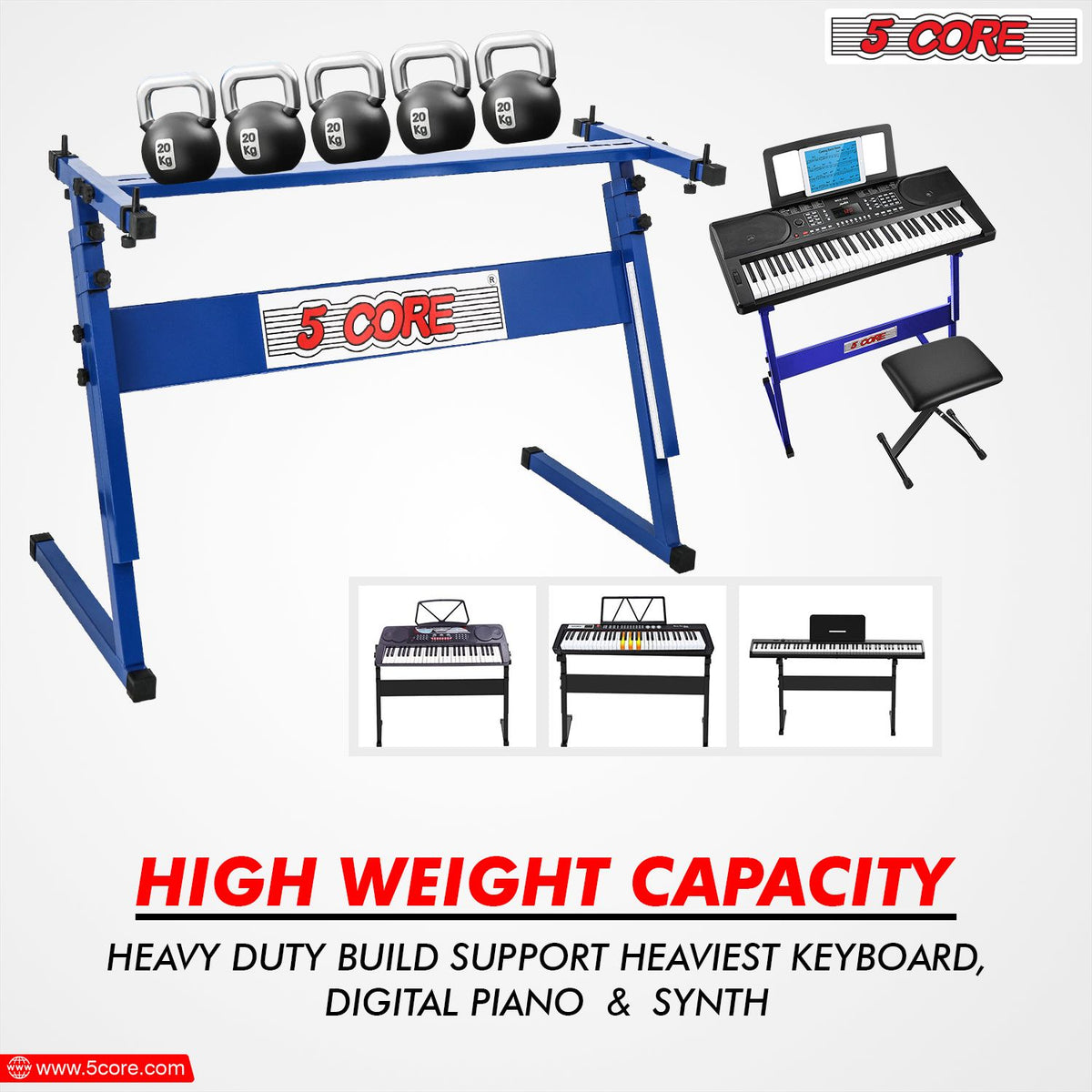 5 CORE Keyboard Stand Z Style Adjustable Electric Piano Riser Foldable & Sturdy Lift Holder For 54 61 Keys Instruments Blue - KS Z1 BLU