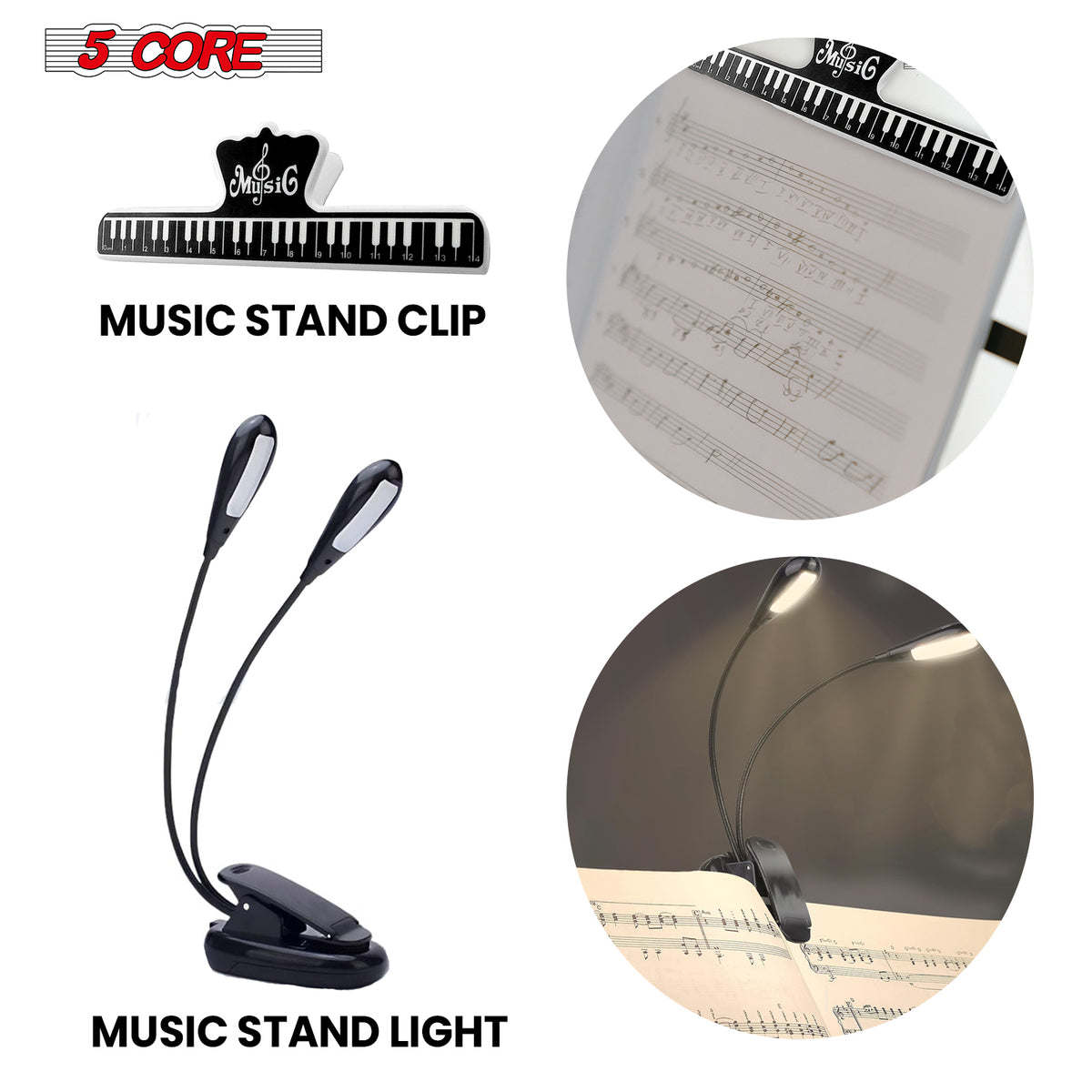 5 Core Music Stand For Sheet Music Height Adjustable Portable Folding Atril Para Partituras w Light Clip for Guitar Players Violinists Cellists Pianists - MUS FLD HD ACC BLU