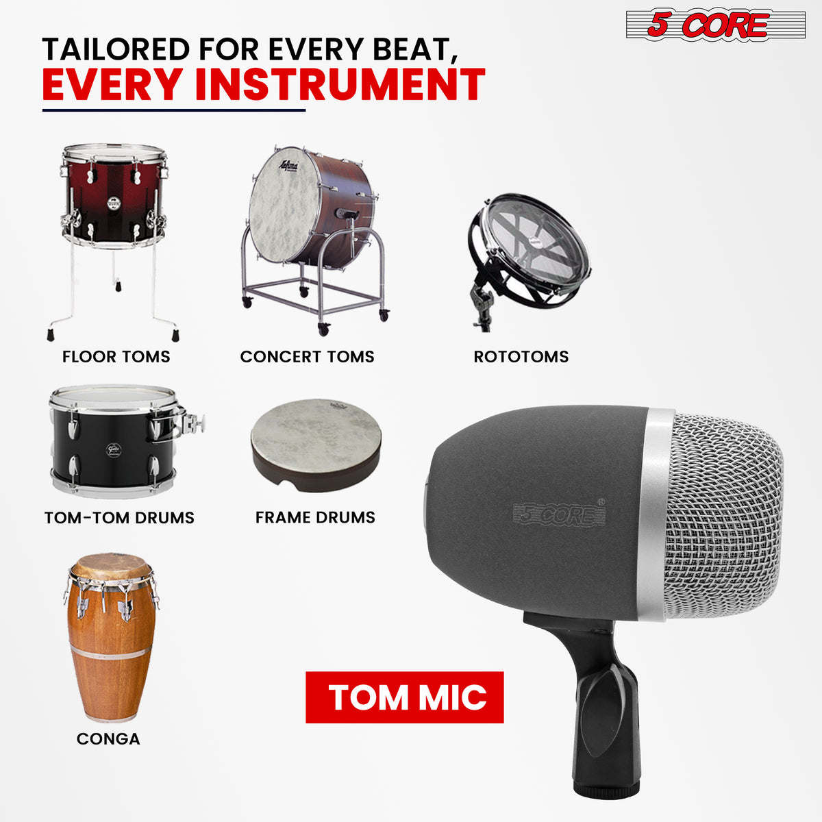 Tom Mic 1Piece Wired Cardioid Bass Drum Microphone Kit High SPL Instrument Microfono w XLR Connection- 5 Core Tom XP