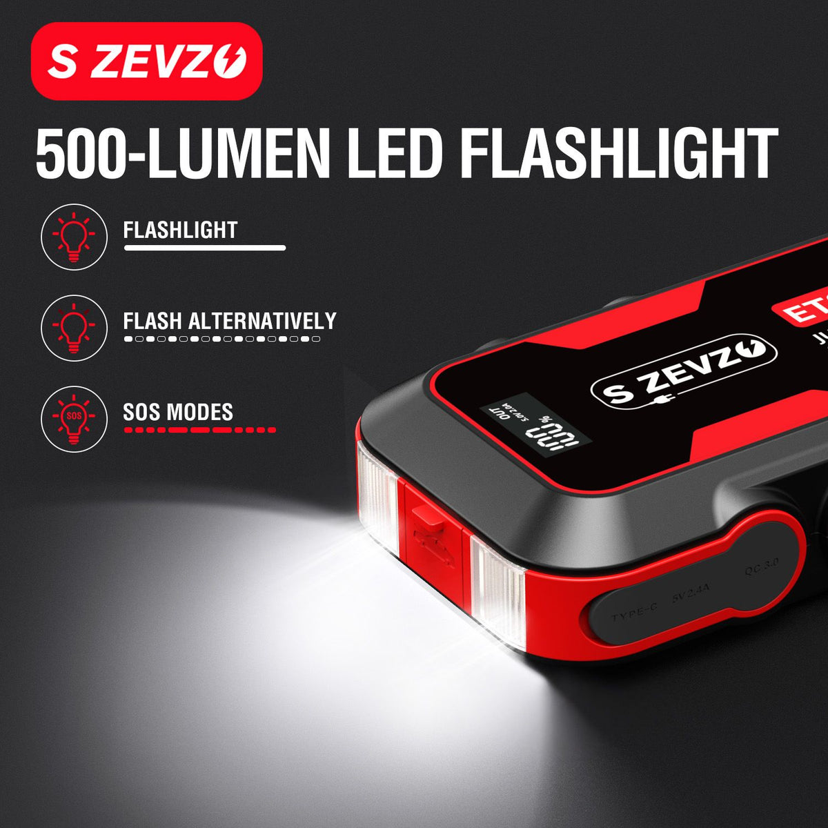 S ZEVZO Car Jump Starter 2000A Jump Starter Battery Pack for Up to 7.5L Gas and 6.5L Diesel Engines, 59.2Wh Portable 12V Jump Box with USB Ports, LCD Display, Storage Case, and LED Light
