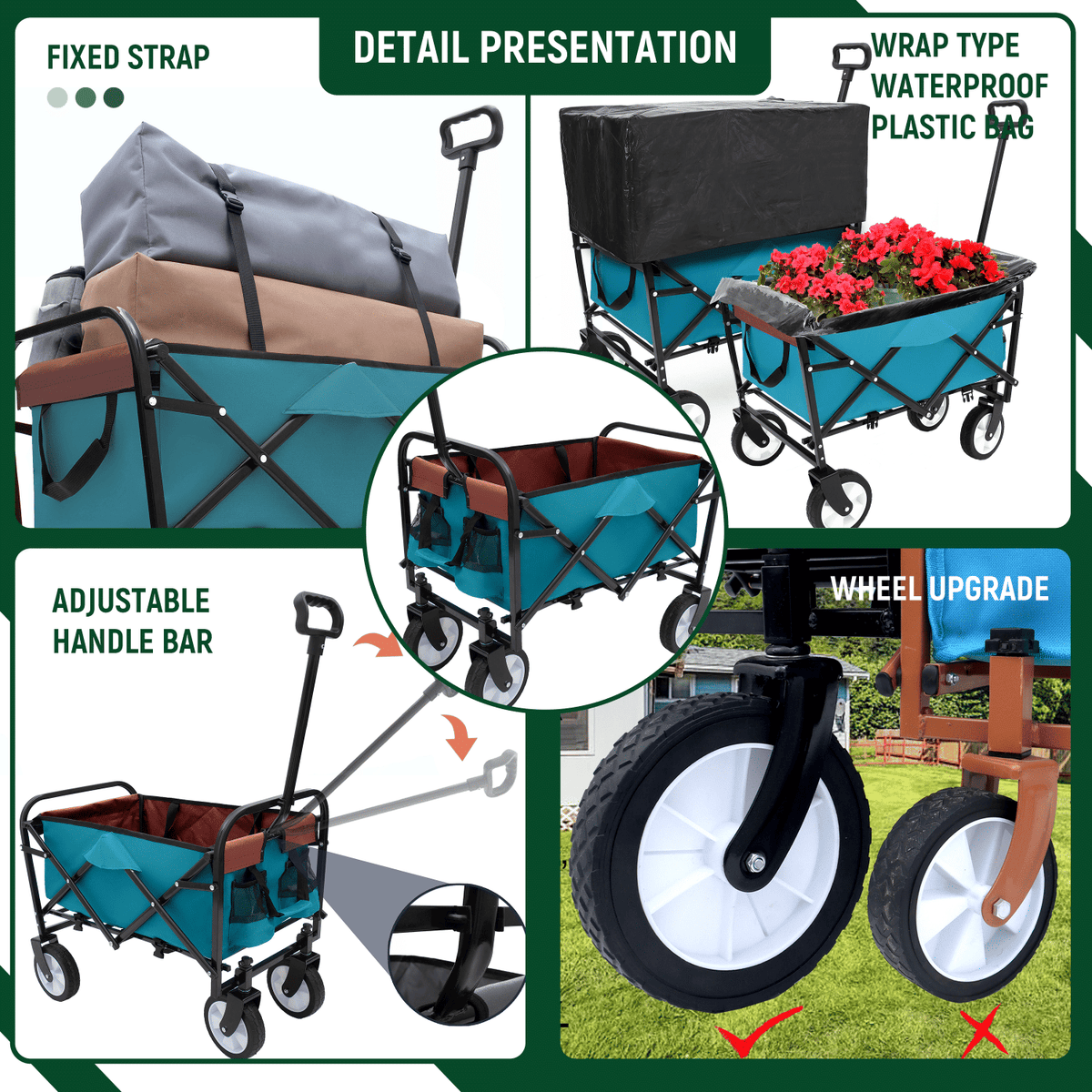 Minimeetall Multi-use Bag,Collapsible Foldable Wagon Cart Beach Wagon Heavy Duty Utility Cart Utility Wagon Grocery Cart for for Camping 3pcs plastic Liner bag /Cover , Cyan