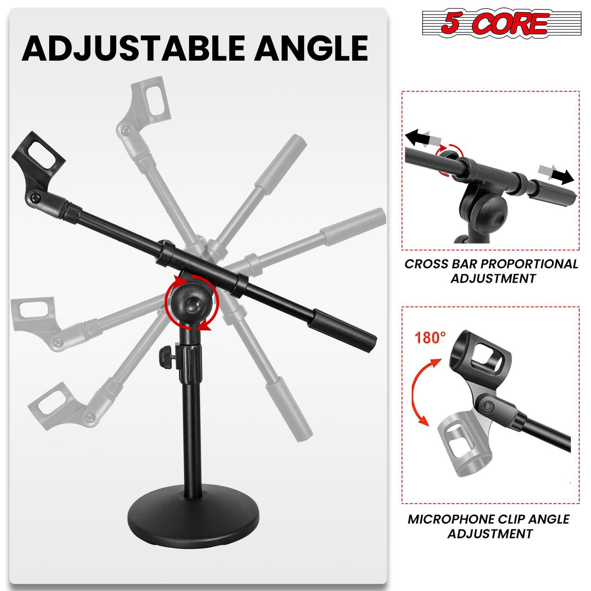 5 Core Desk Microphone Stand Black • Adjustable Height Extendable Boom Arm • Table Mic Holder w Round Base Anti Slip Pad • Universal Mic Clip and 3/8'' and 5/8'' Thread Adapter- MSSB