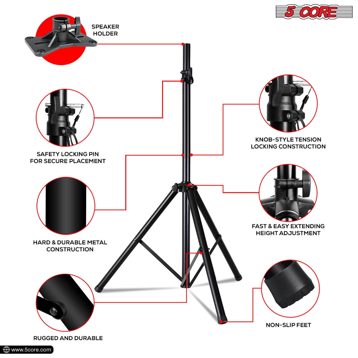 5 Core Speaker Stand Tripod Floor Heavy Duty Adjustable Up to 72 Inch DJ Studio Monitor Stands Pole Mount  - SS HD 1PK BLK BAG