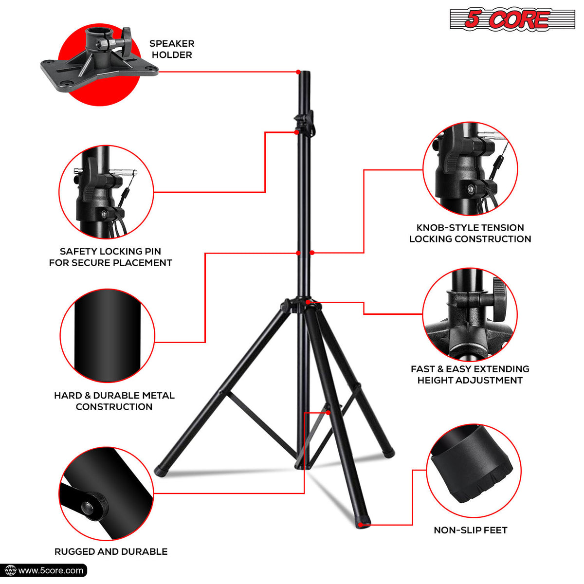 5 Core Speaker Stand Tripod Floor Heavy Duty Adjustable Up to 72 Inch DJ Studio Monitor Stands Pole Mount  - SS HD 1PK BLK BAG