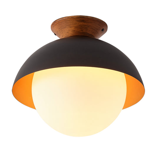 13.5 in. 1-Light Wood Gold Leaf Dome Semi-Flush Mount Light with Opal Glass Globe - 13.5 in. W x 11.4 in. H - Gold Leaf/White