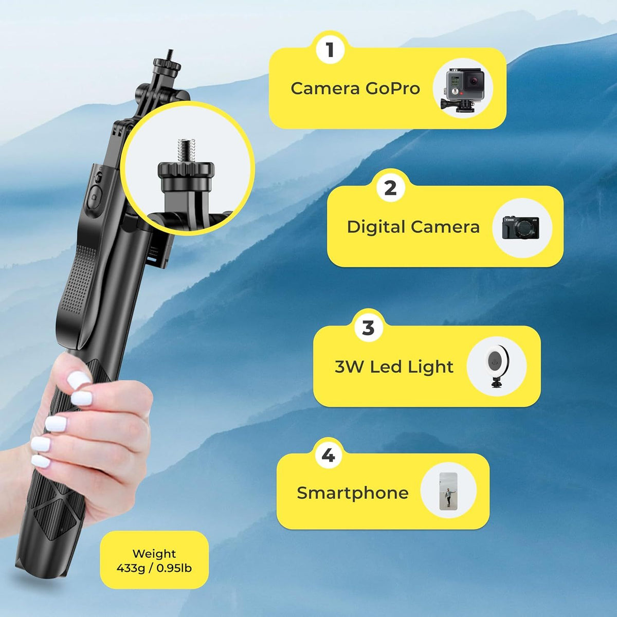 Phone Tripod 62" Selfie Stick for iPhone with Remote and 3W LED Light, Universal Mount, Phone Stand for Recording & Streaming, Tripod for iPhone & Android Phone & Gopro