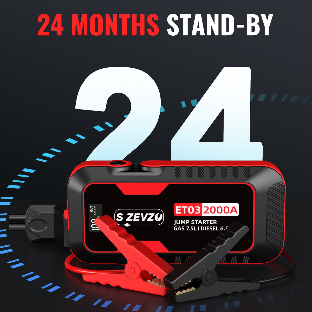 S ZEVZO Car Jump Starter 2000A Jump Starter Battery Pack for Up to 7.5L Gas and 6.5L Diesel Engines, 59.2Wh Portable 12V Jump Box with USB Ports, LCD Display, Storage Case, and LED Light
