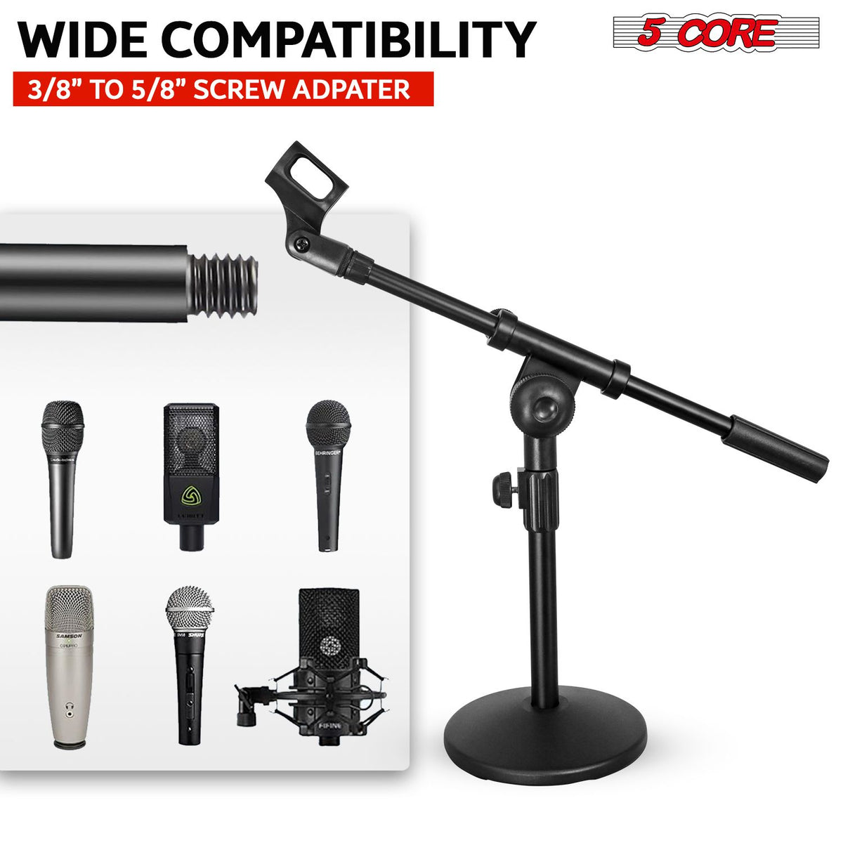 5 Core Desk Microphone Stand Black • Adjustable Height Extendable Boom Arm • Table Mic Holder w Round Base Anti Slip Pad • Universal Mic Clip and 3/8'' and 5/8'' Thread Adapter- MSSB