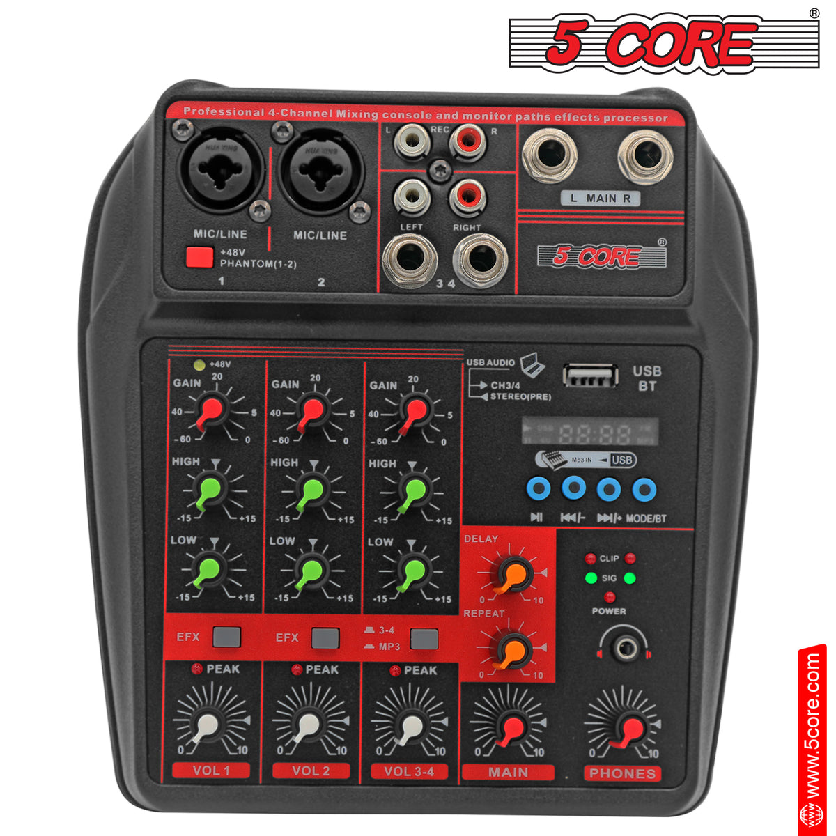 5 Core Audio Interface Mixer 4 Channel PC XLR Bluetooth USB DJ Music Podcast Karaoke Sound Board - MX 4CH
