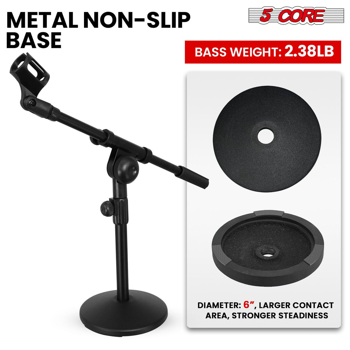 5 Core Desk Microphone Stand Black • Adjustable Height Extendable Boom Arm • Table Mic Holder w Round Base Anti Slip Pad • Universal Mic Clip and 3/8'' and 5/8'' Thread Adapter- MSSB