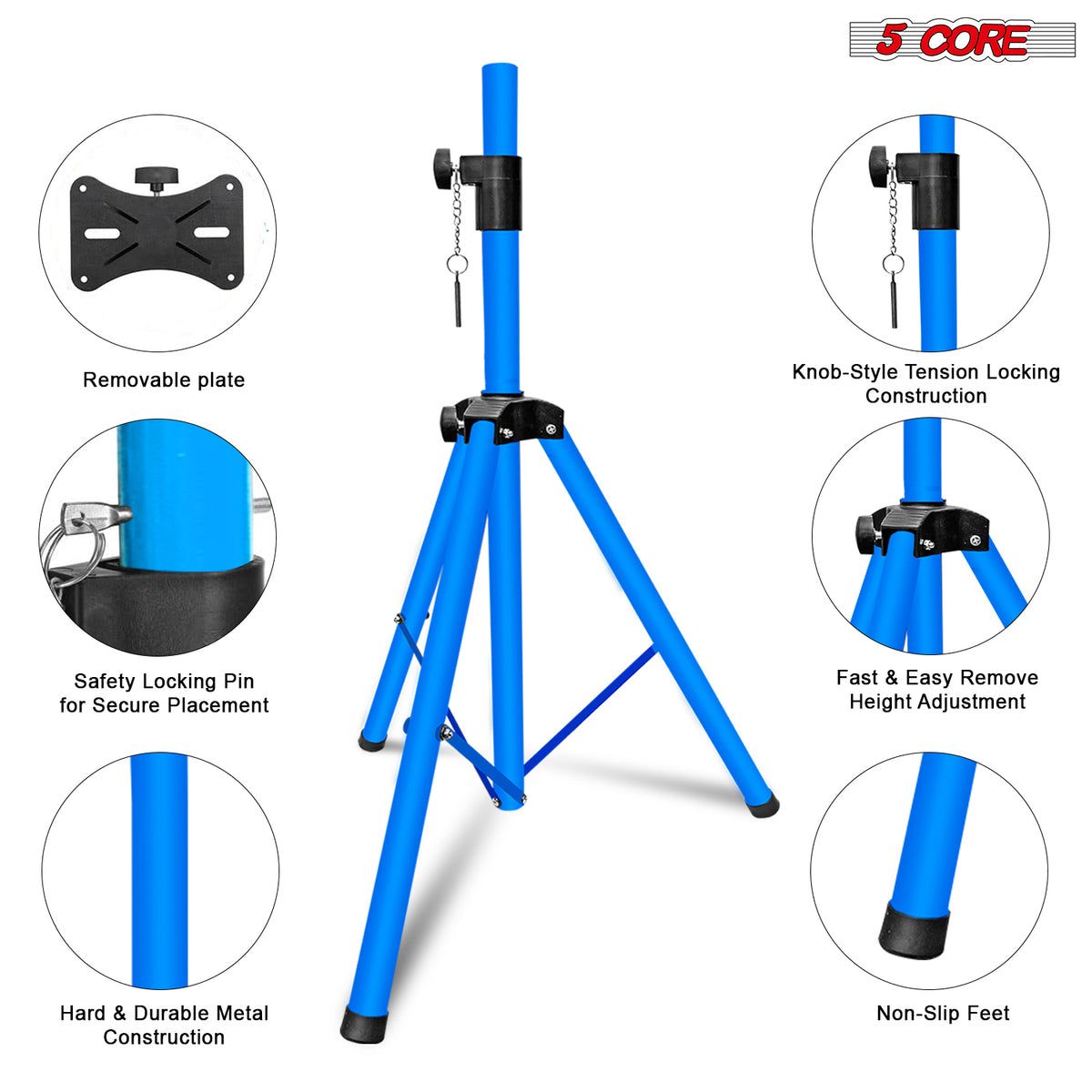 5 Core Speaker Stand Tripod Pair Floor Adjustable Up to 48 Inch DJ Studio Monitor Stands Short Pole Mount - SS HD 2PK SKY BLU 4FT BAG