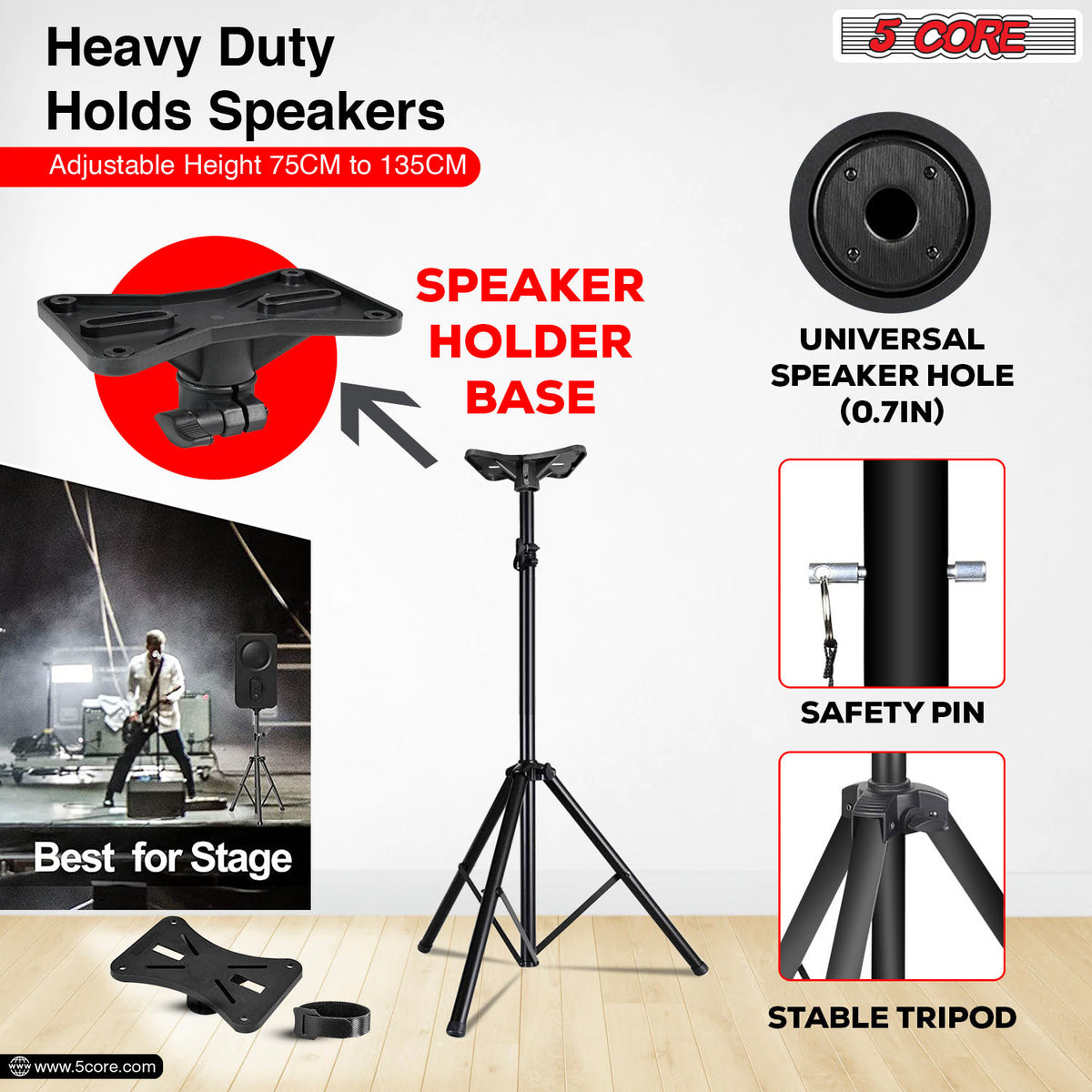 5 Core Speaker Stand Tripod Floor Heavy Duty Adjustable Up to 72 Inch DJ Studio Monitor Stands Pole Mount  - SS HD 1PK BLK BAG