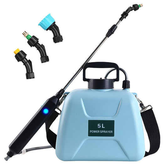 Blue electric plant sprayer with various nozzles