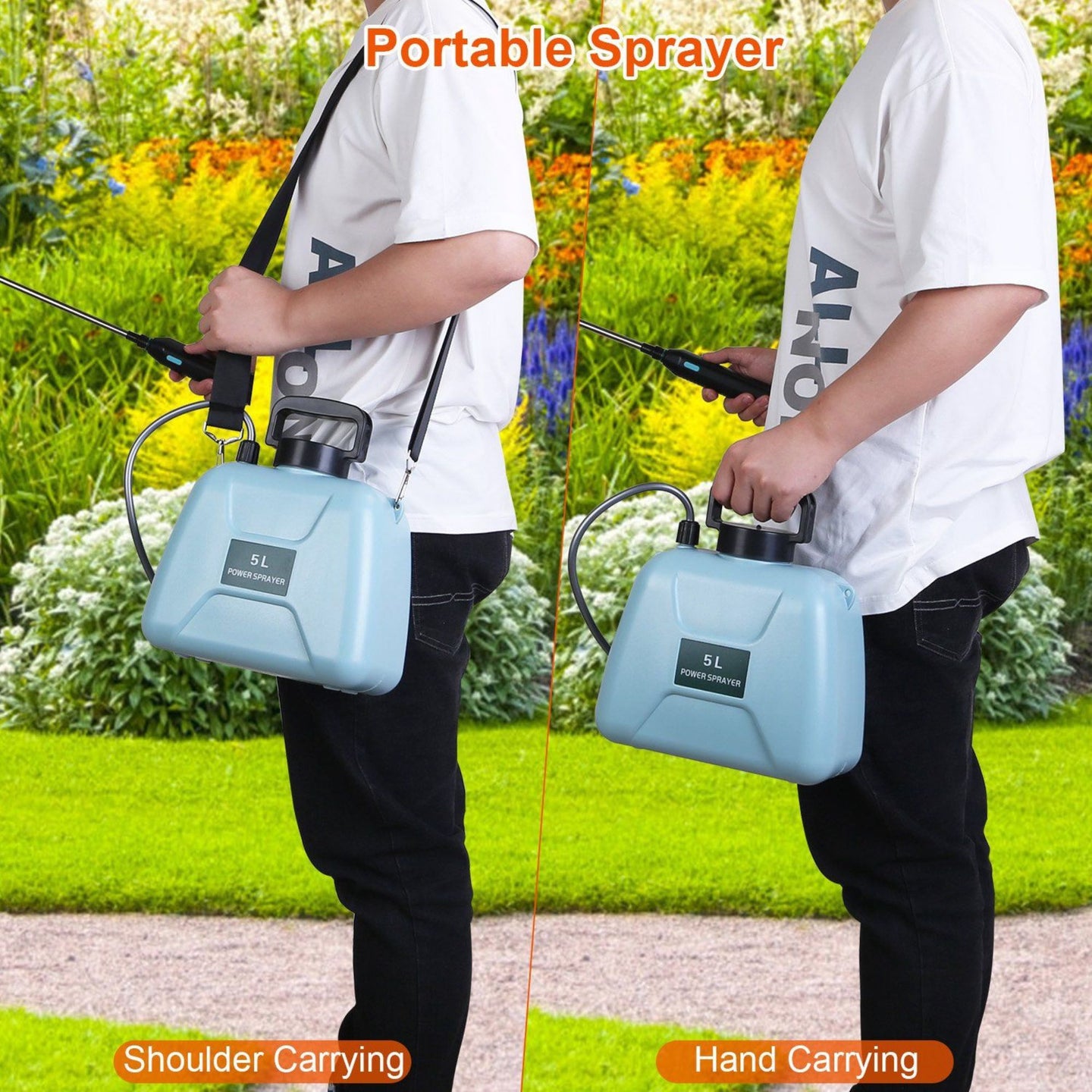 Person holding an electric plant sprayer with options for shoulder and hand carrying