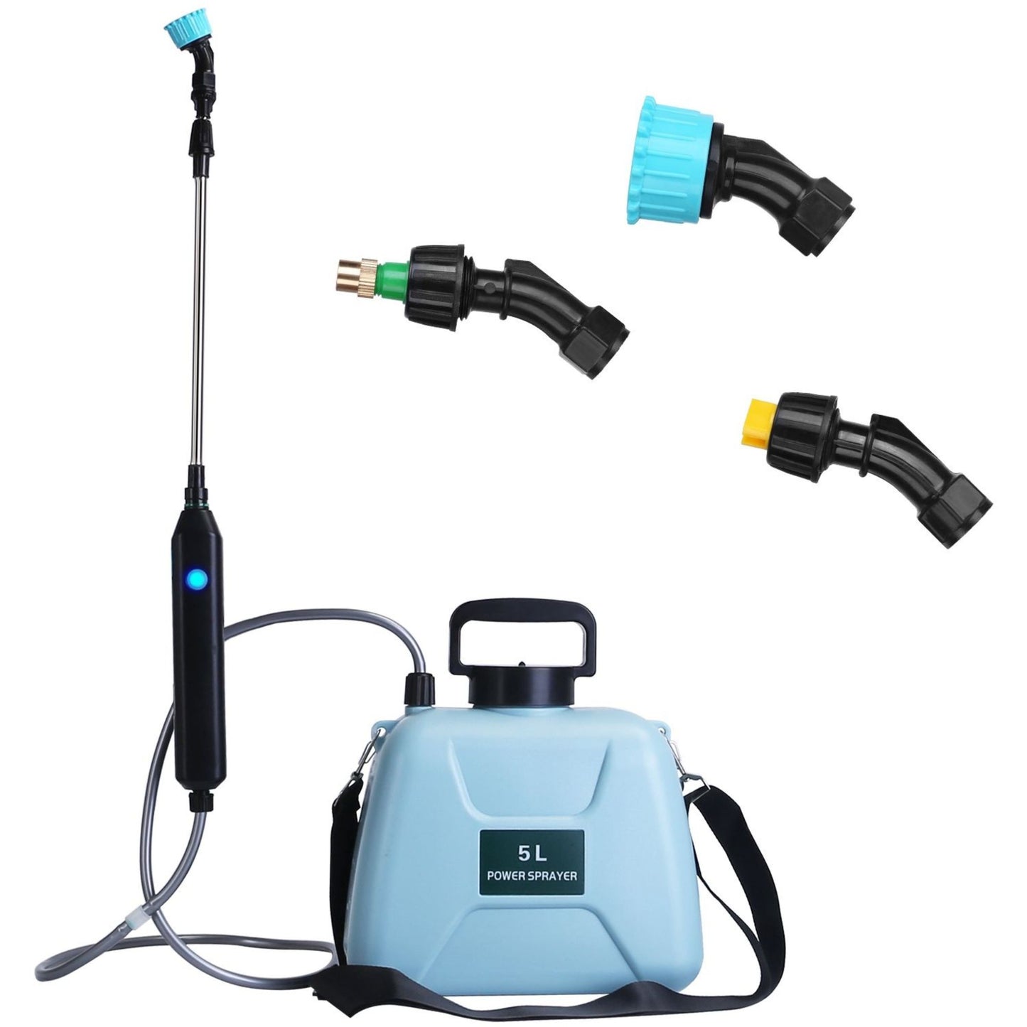 Blue electric plant sprayer with various nozzles