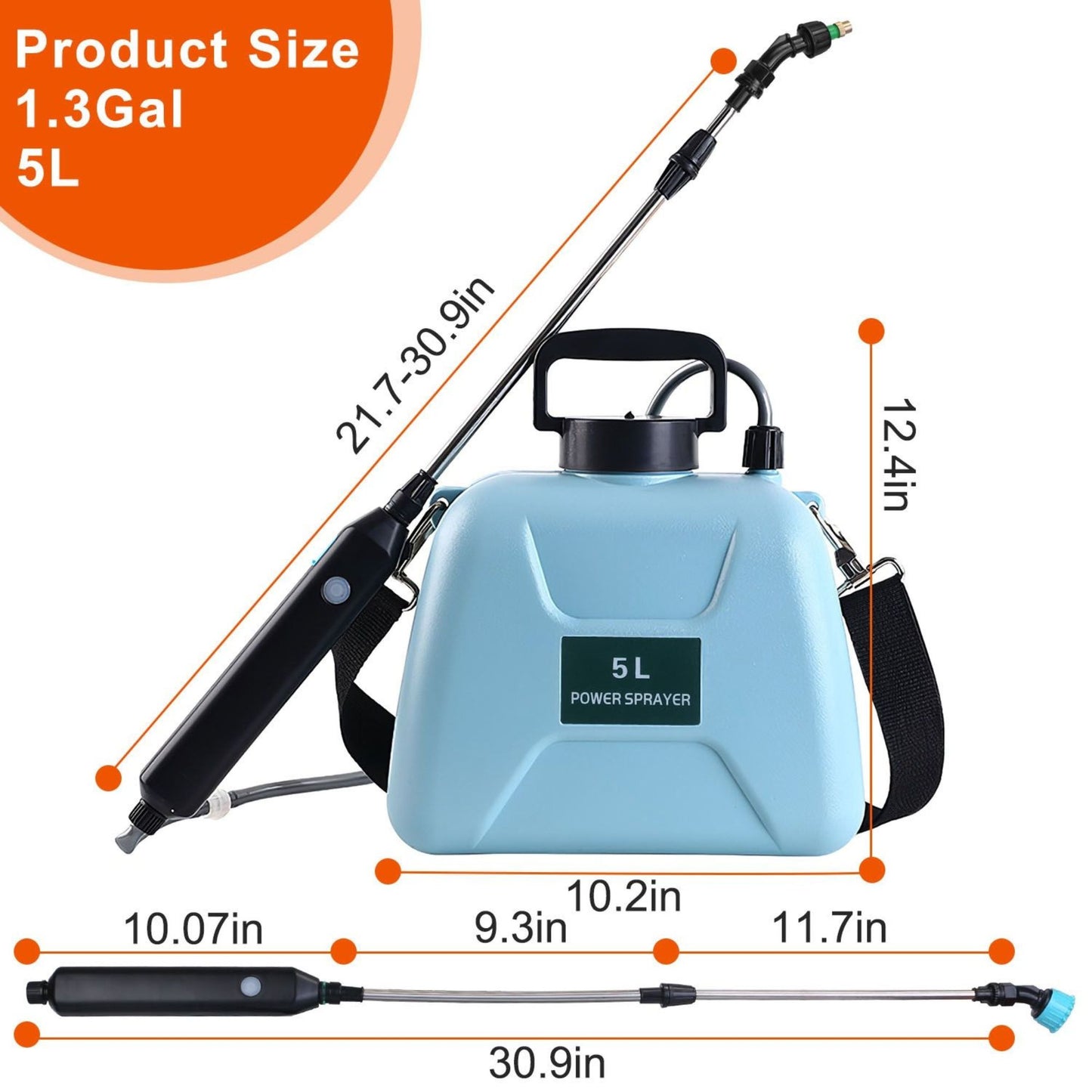 Blue electric plant sprayer with measurements