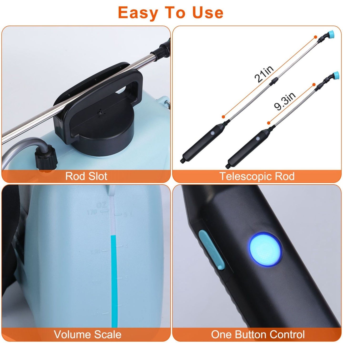 electric plant sprayer 'Easy To Use', including rod slot, telescopic rod, volume scale, and one-button control