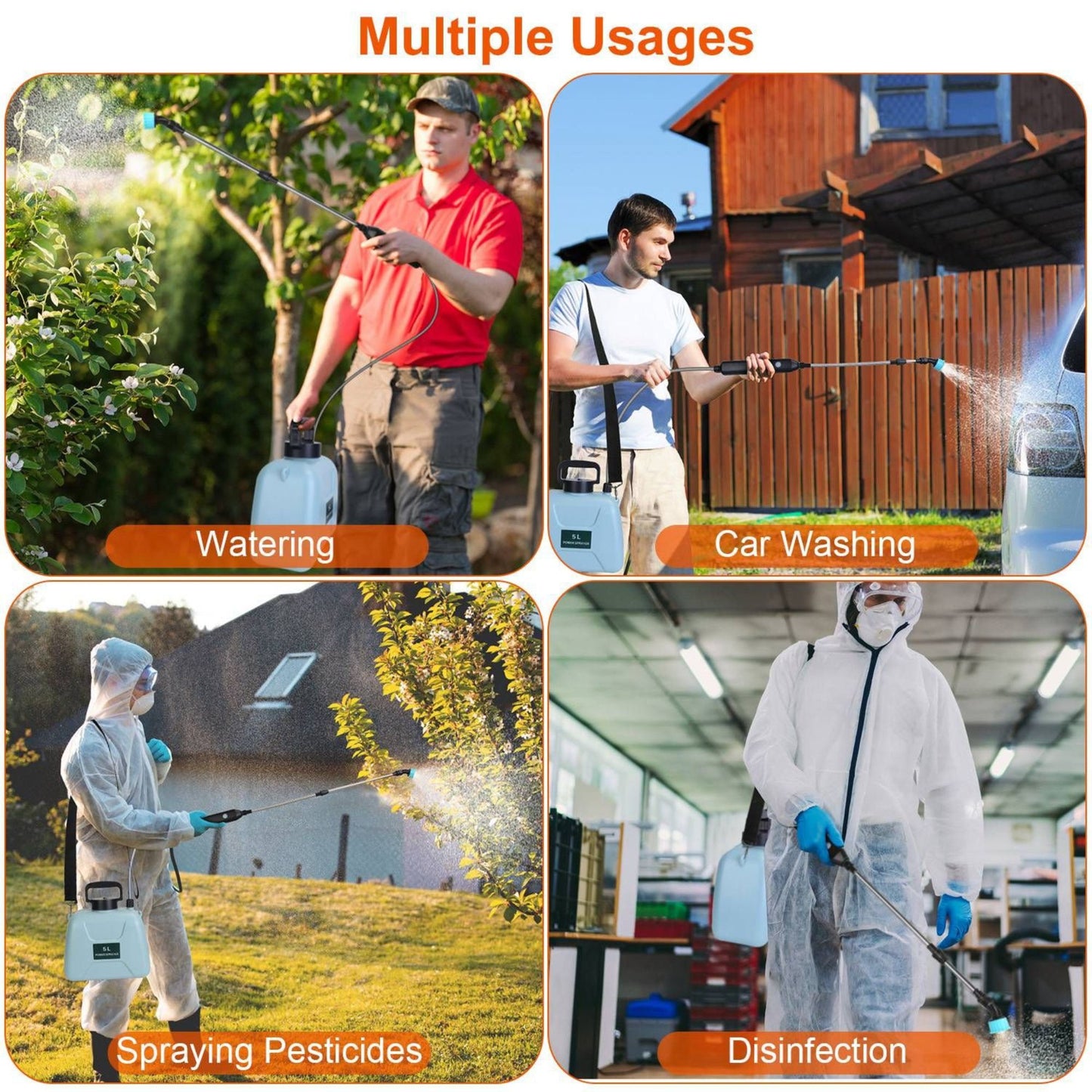 Collage of a person using an electric plant sprayer for various tasks, including watering, car washing, spraying pesticides, and disinfection