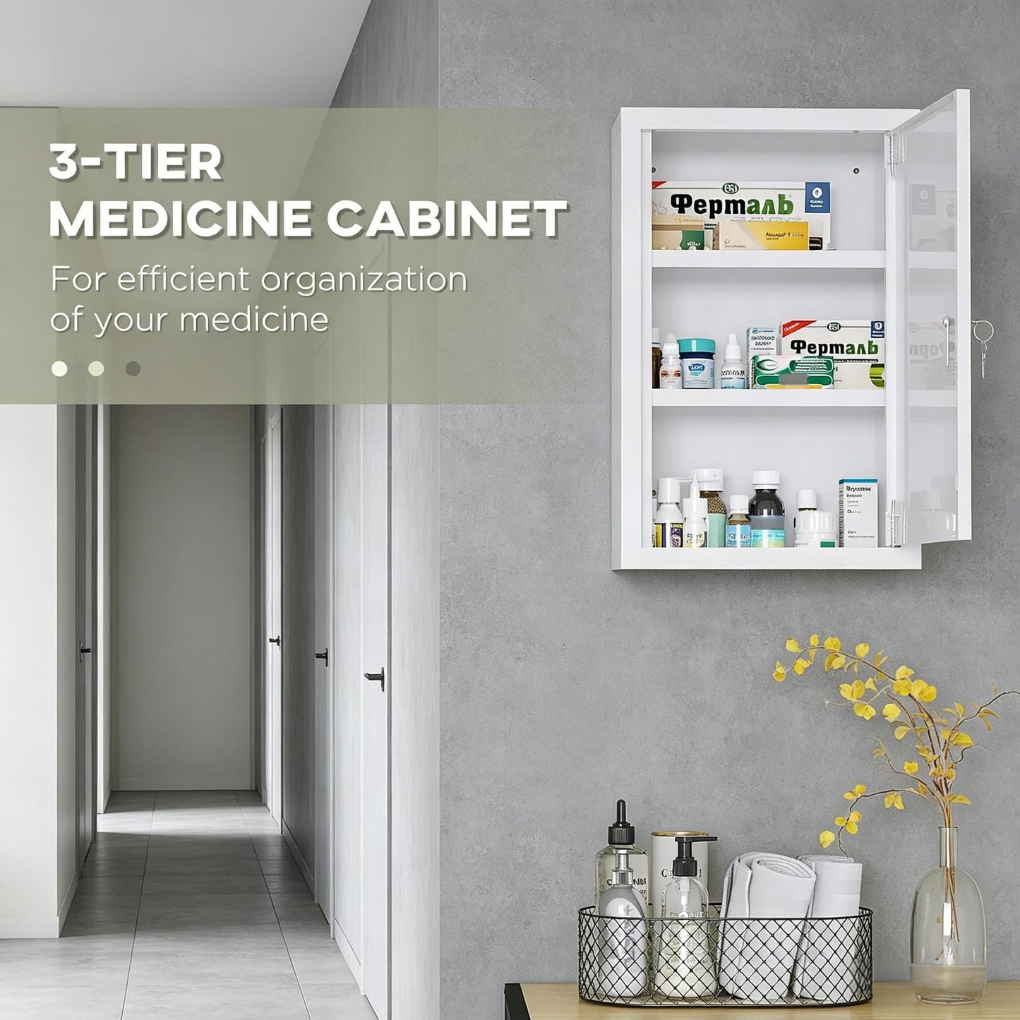 3-Tier Wall Mount Lockable First Aid Medicine Cabinet - 12x18"
