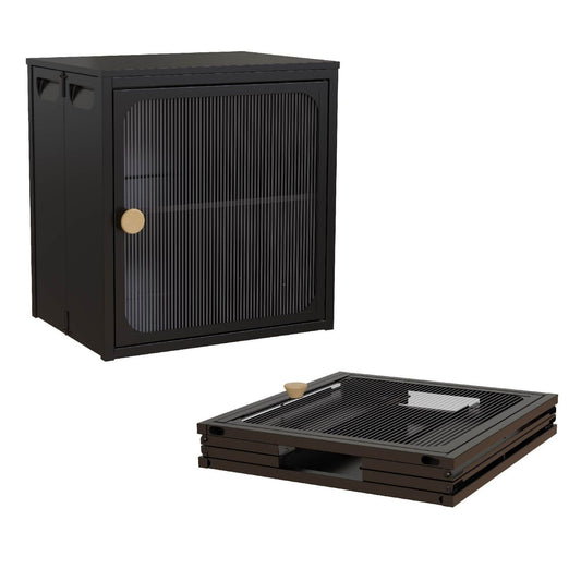 Foldable Storage Cabinet with Doors, Stackable Steel & Wood Organizer, Tool-Free Assembly, Black