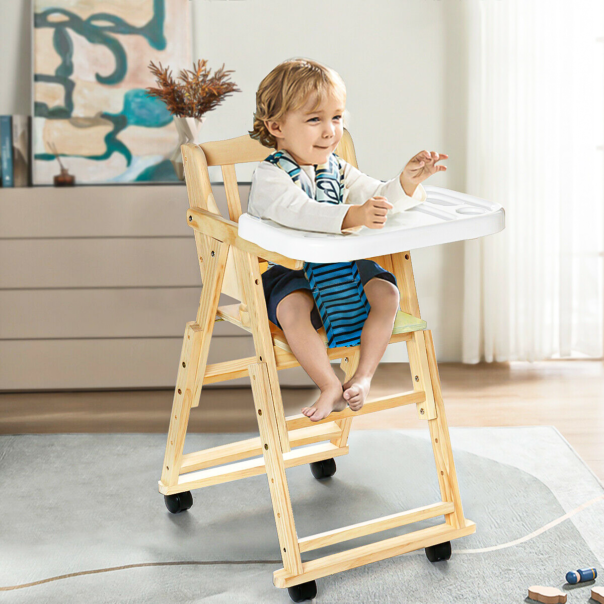 Wooden Baby Highchair with Tray, Adjustable, Foldable, 4-Wheel Design Makes Meal Times Fun!