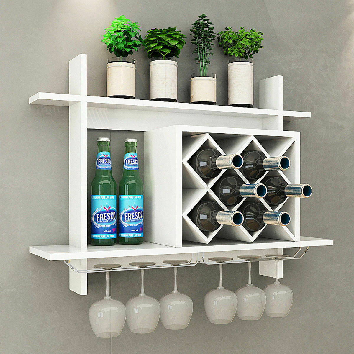 Wall Mount Wine Rack w/ Glass Holder & Storage Shelf Organizer - White