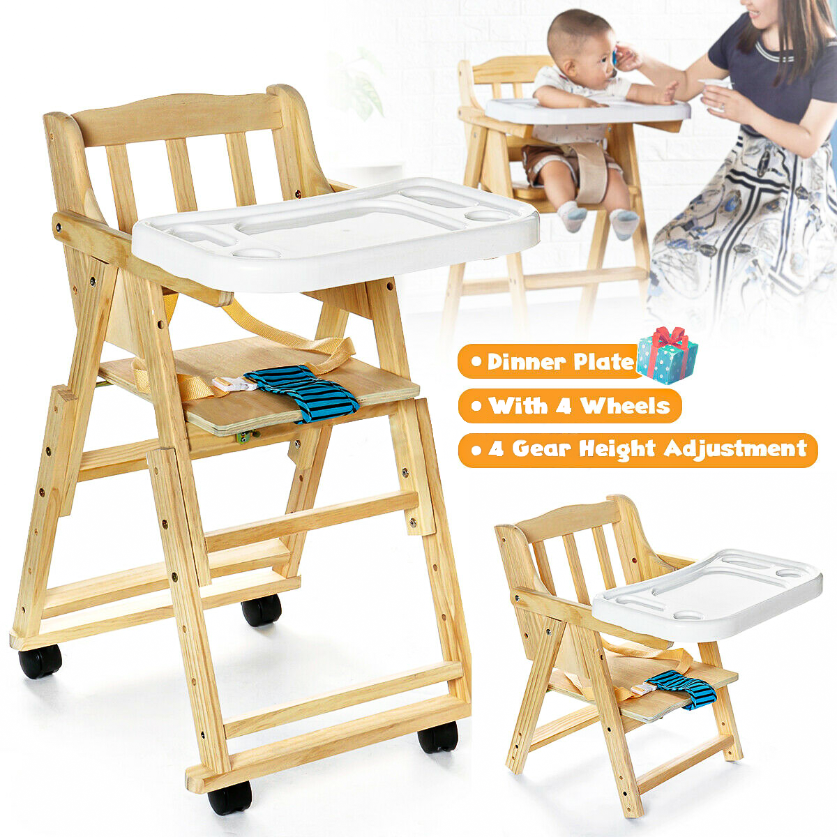 Wooden Baby Highchair with Tray, Adjustable, Foldable, 4-Wheel Design Makes Meal Times Fun!