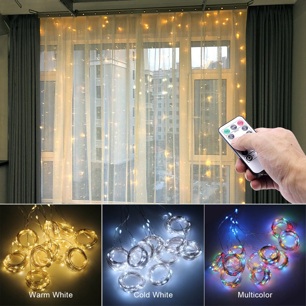 3M LED Curtain Garland Window USB String Lights