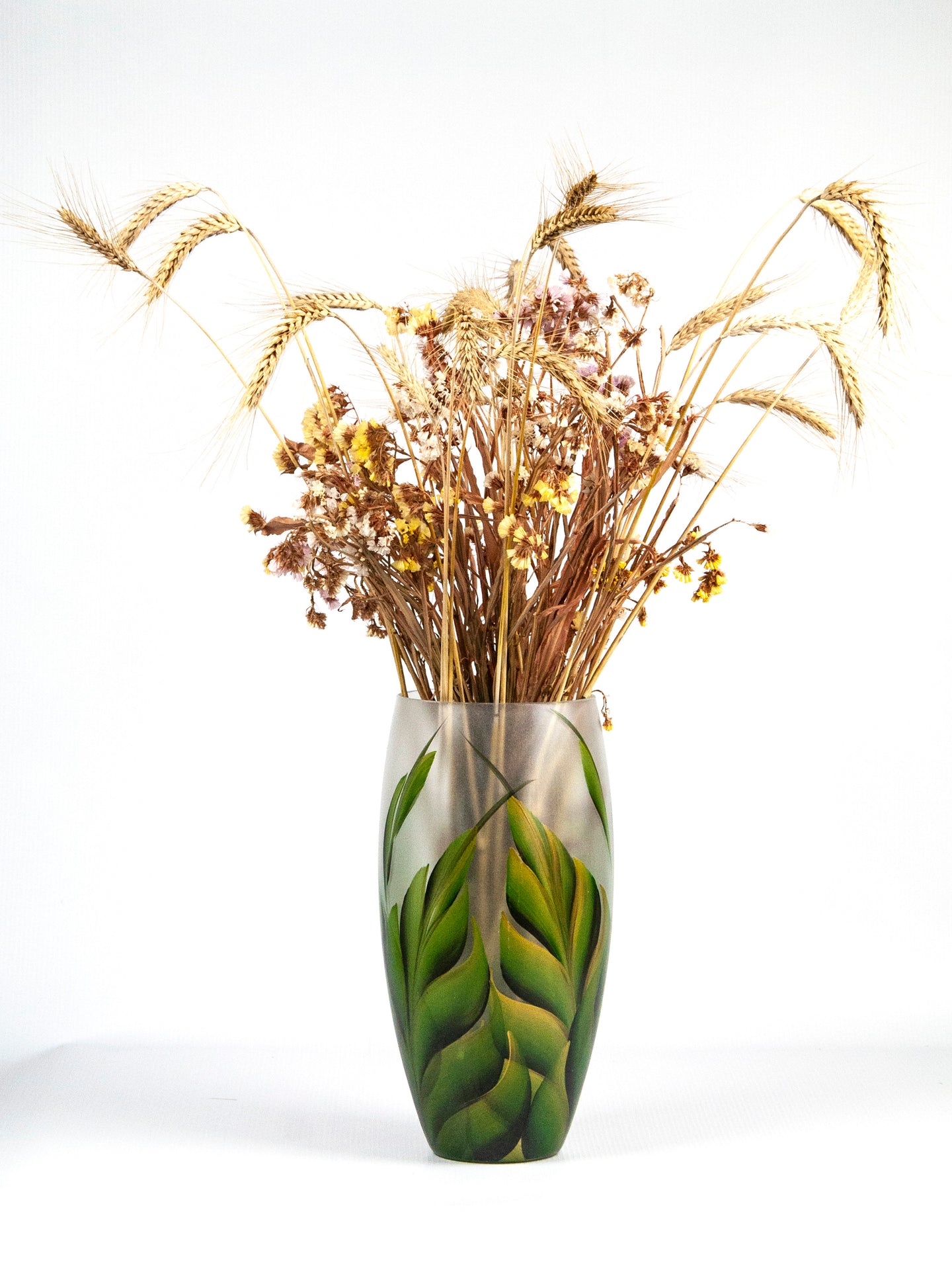 Hand Painted  Floral Leaf 12 Inch Glass Vase