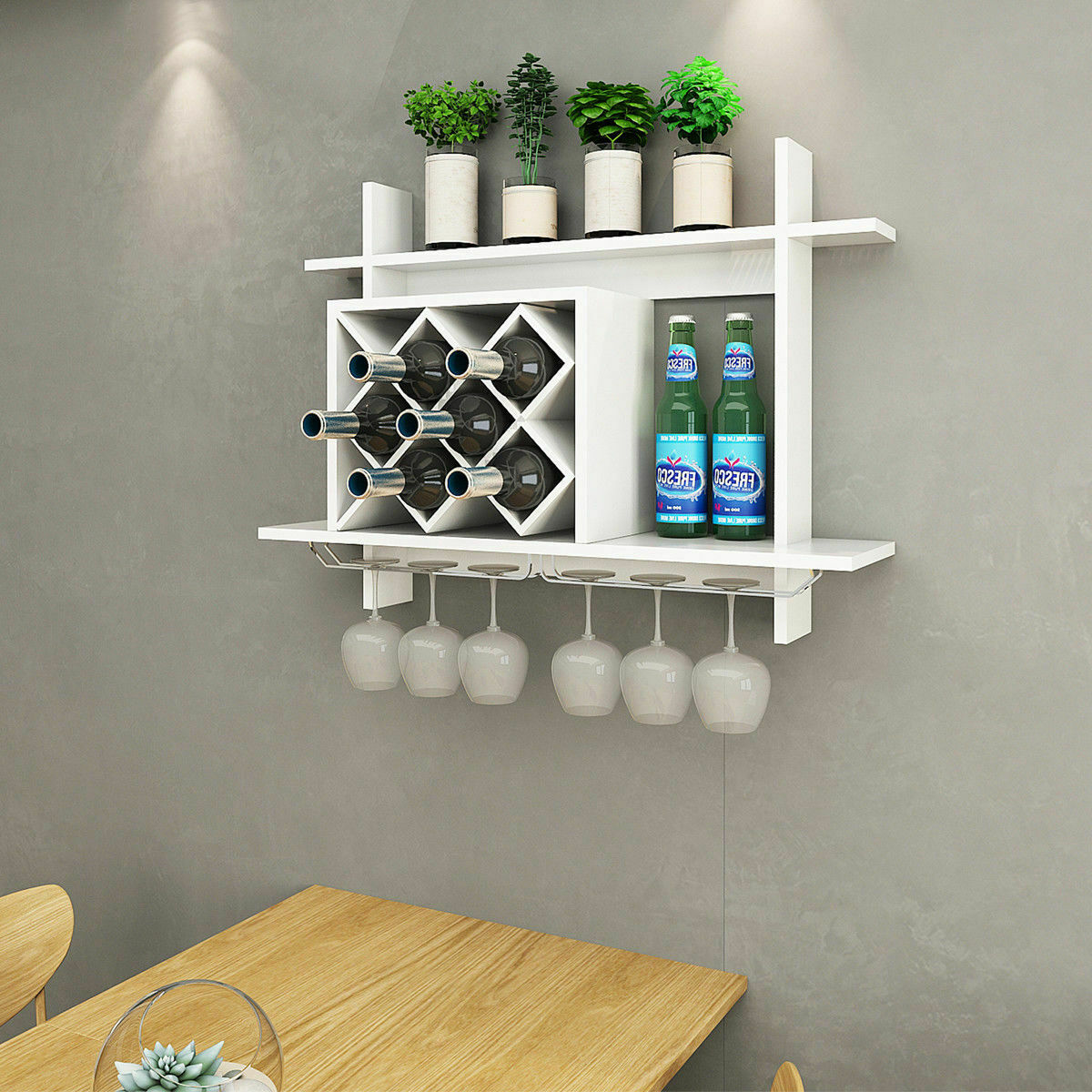 Wall Mount Wine Rack w/ Glass Holder & Storage Shelf Organizer - White