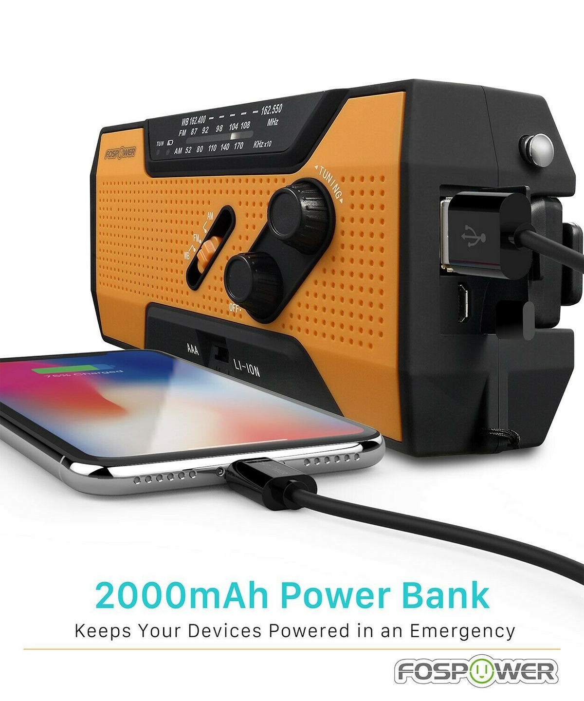 Emergency Solar Hand Crank Weather Radio 2000mAh Power Bank Charger Flash Light