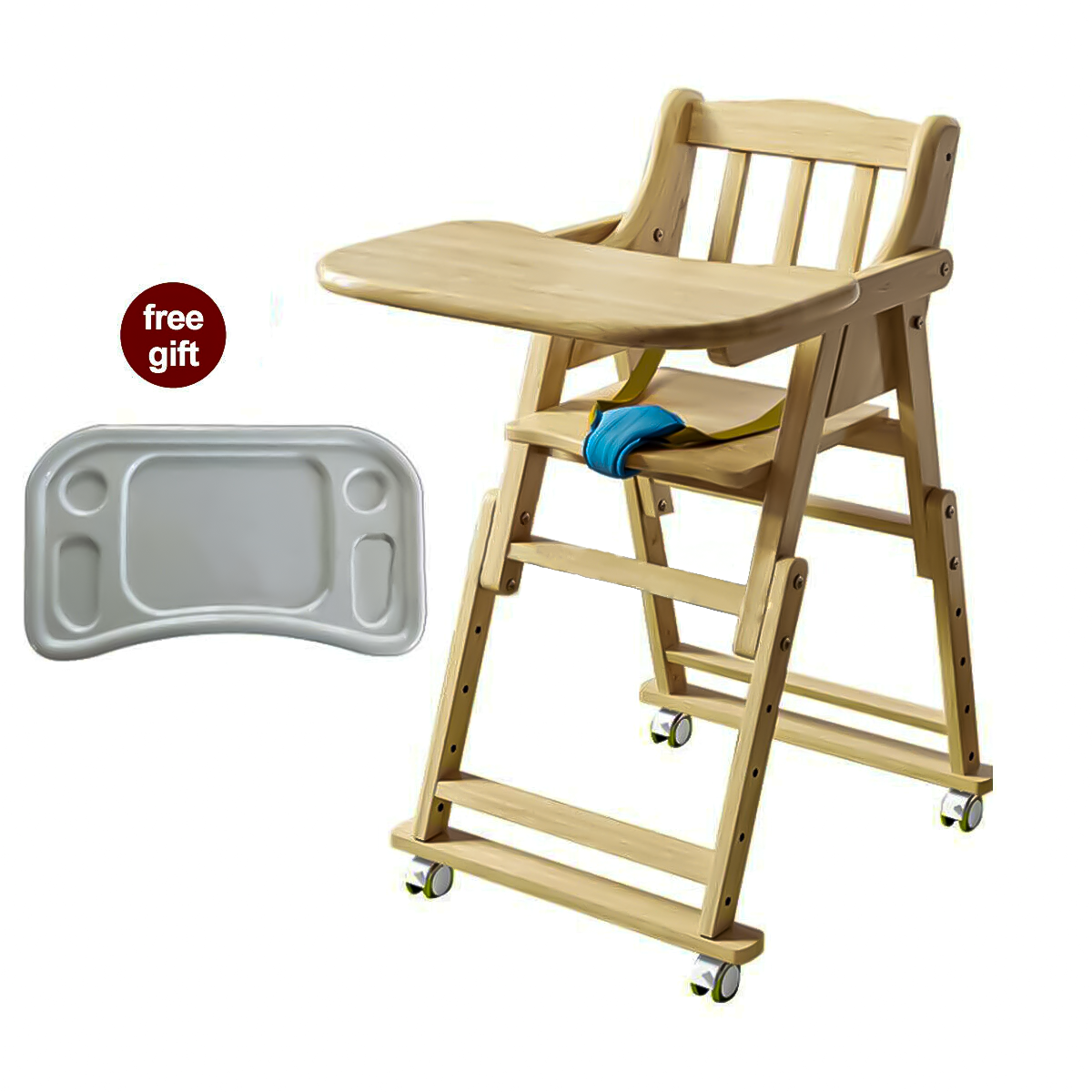 Wooden Baby Highchair with Tray, Adjustable, Foldable, 4-Wheel Design Makes Meal Times Fun!