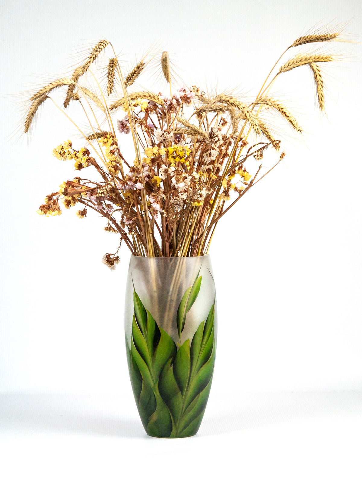 Hand Painted  Floral Leaf 12 Inch Glass Vase