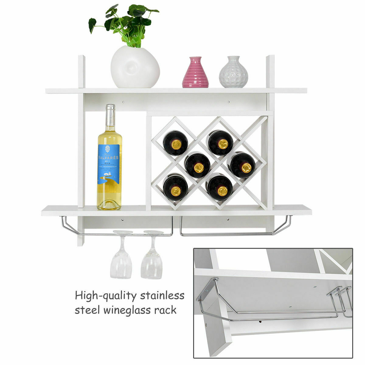 Wall Mount Wine Rack w/ Glass Holder & Storage Shelf Organizer - White