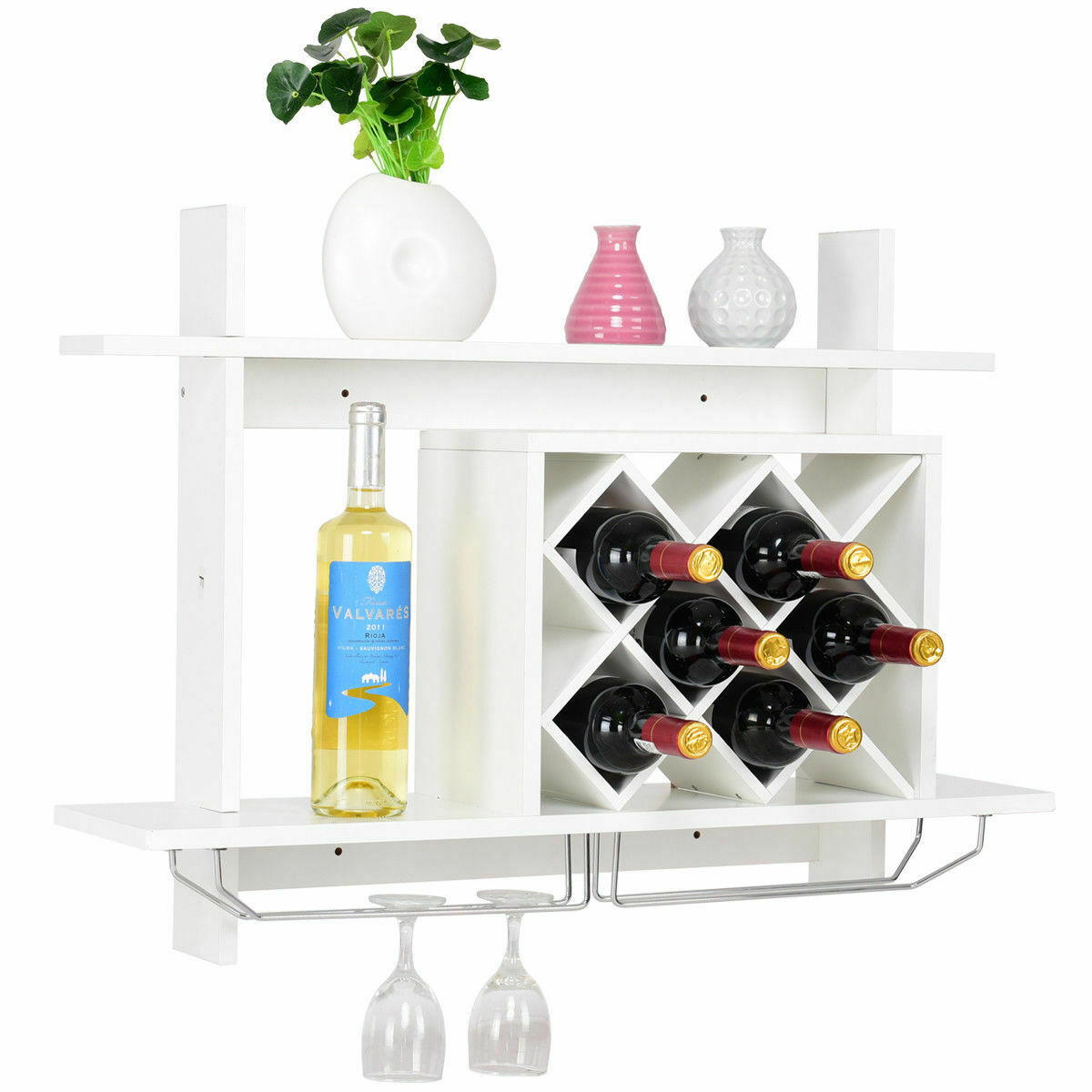 Wall Mount Wine Rack w/ Glass Holder & Storage Shelf Organizer - White