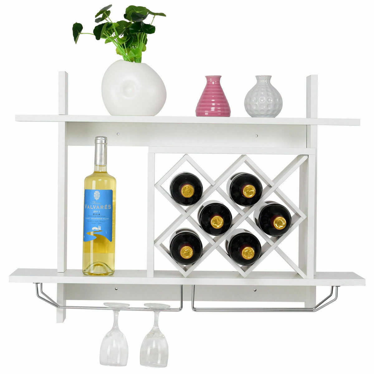 Wall Mount Wine Rack w/ Glass Holder & Storage Shelf Organizer - White