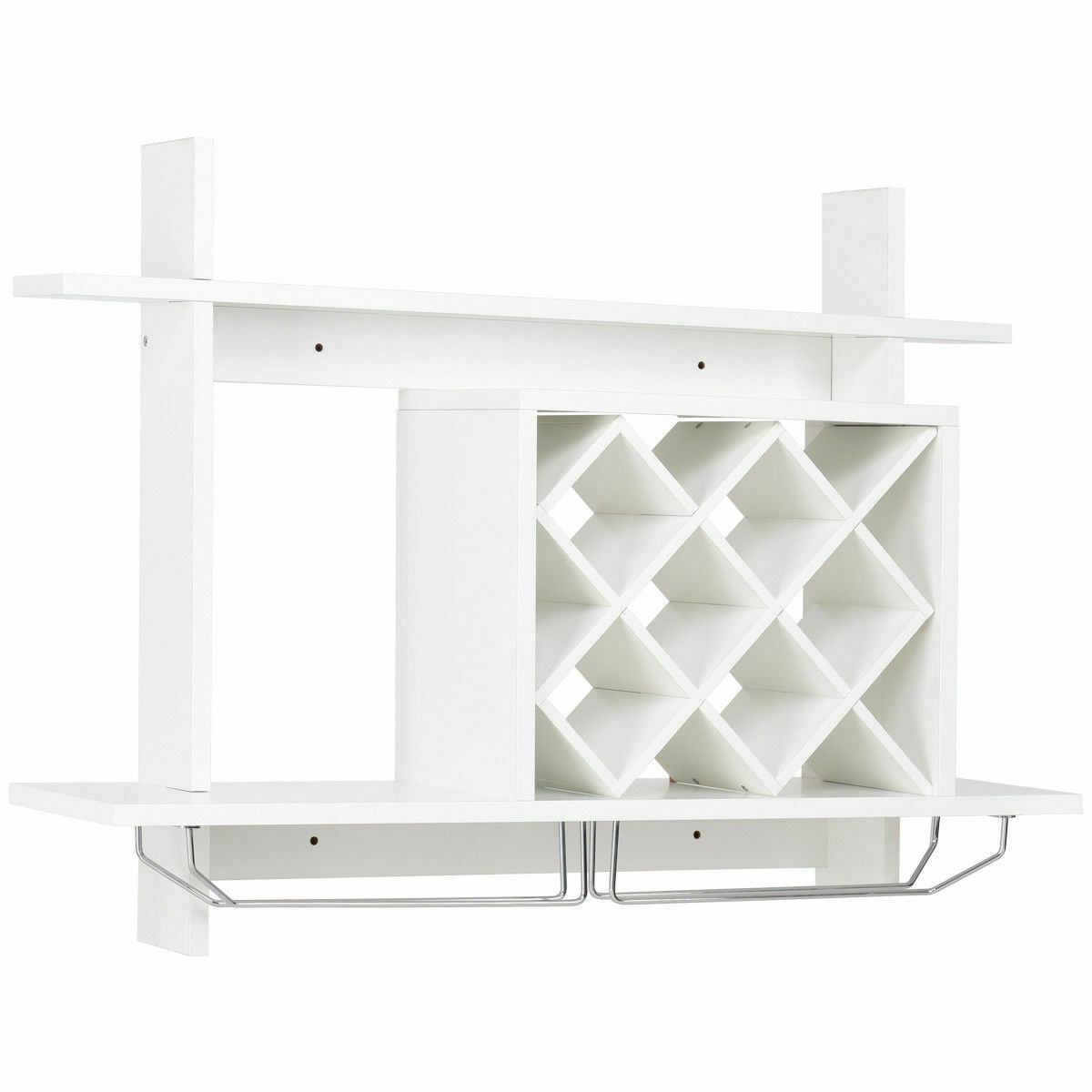 Wall Mount Wine Rack w/ Glass Holder & Storage Shelf Organizer - White