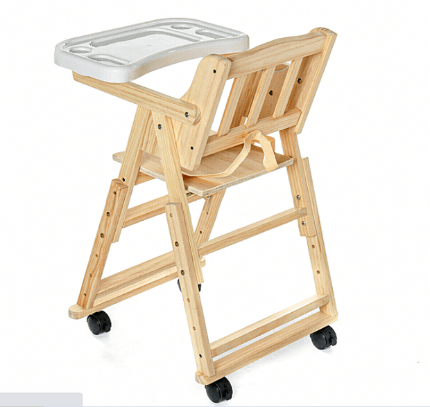 Wooden Baby Highchair with Tray, Adjustable, Foldable, 4-Wheel Design Makes Meal Times Fun!