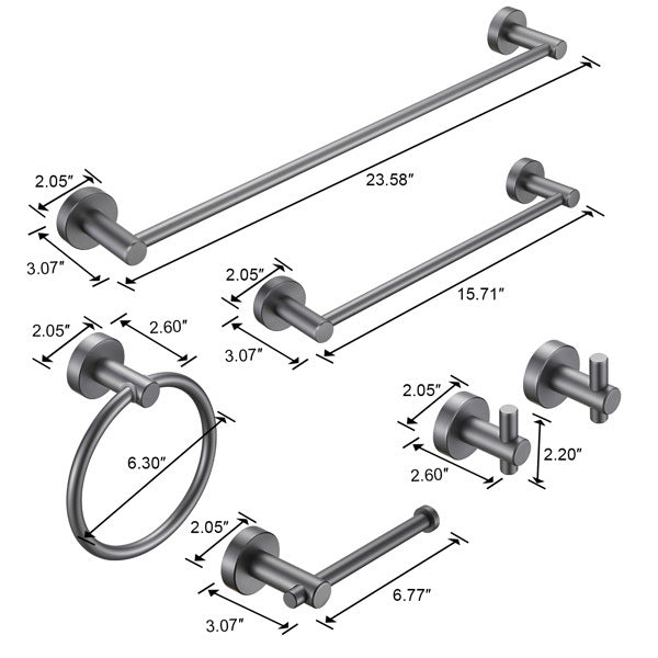 Bathroom Hardware Set; Thicken Space Aluminum 6 PCS Towel bar Set- Gun Grey 24 Inches Wall Mounted