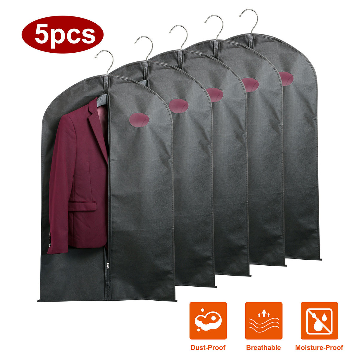 5Pcs 39" Garment Bags Hanging Suit Bags Covers Breathable with Full Zipper Transparent Window