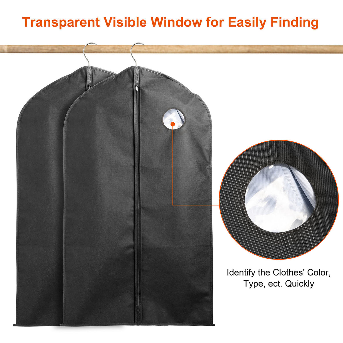 5Pcs 39" Garment Bags Hanging Suit Bags Covers Breathable with Full Zipper Transparent Window