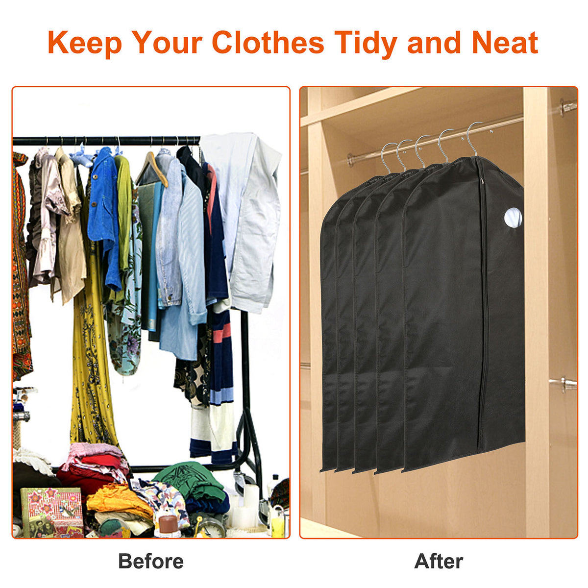 5Pcs 39" Garment Bags Hanging Suit Bags Covers Breathable with Full Zipper Transparent Window