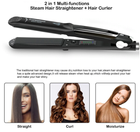 Salon-Grade Dual Purpose Steam Hair Straightener and Flat Iron Curler for Amazing Style. Perfect Gift for Girlfriend!